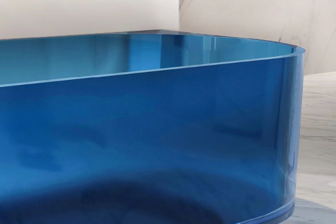 Back to Wall Blue Transparent Bathtub - Round edge