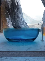 Triangular Transparent Blue Deep Soaking Tub